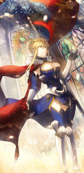 Rule 34 | 1girl, armor, artoria pendragon (all), artoria pendragon (fate), artoria pendragon (lancer) (fate), blonde hair, blue dress, blue sky, blue thighhighs, braid, braided bun, breasts, bush, cape, church, cleavage, cleavage cutout, clothing cutout, cloud, crown, dress, eyebrows, fate/grand order, fate (series), from below, fur cape, gauntlets, greaves, hair between eyes, hair bun, hand up, highres, holding, holding cape, holding clothes, indoors, kazutake hazano, large breasts, light rays, light smile, plant, pleated dress, red cape, saber (fate), short hair with long locks, skin tight, sky, smile, solo, stained glass, standing, thighhighs, window, yellow eyes