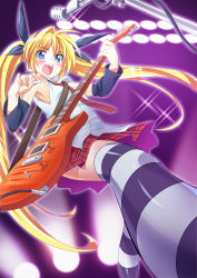 Rule 34 | 1girl, bare shoulders, blonde hair, blue eyes, blush, detached sleeves, electric guitar, female focus, foreshortening, from below, gradient background, guitar, highres, instrument, long hair, microphone, mtu (orewamuzituda), open mouth, original, plaid, smile, solo, striped clothes, striped thighhighs, thighhighs, twintails, zettai ryouiki