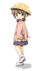 Rule 34 | 00tea, 1girl, brown eyes, brown hair, child, from side, hat, looking at viewer, looking back, short hair, simple background, skirt, solo, white background