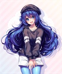 Rule 34 | 1girl, black hat, blue eyes, blue hair, blue pantyhose, blush, collarbone, commission, hat, highres, long hair, long sleeves, looking at viewer, open mouth, original, pantyhose, sasucchi95, smile, solo, teeth, upper teeth only, very long hair
