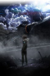 Rule 34 | 10s, 1boy, aldnoah.zero, arms at sides, backlighting, black footwear, black gloves, blood, blood on clothes, boots, clenched hand, cloud, emblem, fog, from behind, full body, gloves, highres, kaizuka inaho, knee boots, long sleeves, male focus, military, military uniform, moonlight, night, night sky, official art, ruins, sky, solo, standing, star (sky), starry sky, turret, uniform