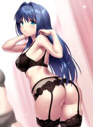 Rule 34 | 1girl, aged up, arms up, ass, back, bare arms, black bra, black thighhighs, blue eyes, blue hair, blush, bra, breasts, commentary, commission, cowboy shot, curvy, dutch angle, english commentary, eyelashes, eyes visible through hair, frilled thighhighs, frills, from behind, garter belt, garter straps, hair between eyes, hair intakes, kanon, large breasts, long hair, looking at viewer, looking back, minase nayuki, parted lips, reflection, shiny skin, sideboob, sidelocks, skeb commission, skindentation, solo, standing, straight hair, thighhighs, thighs, thong, underwear, very long hair, zen (kamuro)
