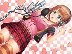 Rule 34 | 1girl, breasts, brown hair, checkered background, dutch angle, green eyes, hair ornament, hairclip, headphones, heart, lambda (kusowarota), large breasts, microphone, original, panties, pantyshot, short hair, solo, striped clothes, striped thighhighs, studio microphone, thighhighs, underwear, upskirt