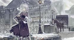 Rule 34 | 1girl, animal ears, black capelet, black dress, blood on snow, breath, building, capelet, carriage, cat ears, commentary, dress, english text, feet out of frame, grey eyes, grey hair, highres, holding, holding shovel, horse, lamppost, noco (pixiv14976070), original, outdoors, parted lips, short hair, shovel, snow, snowing, solo