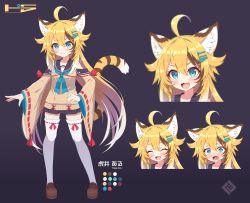 Rule 34 | &gt;:), :3, :d, ^ ^, animal ear fluff, animal ears, beige sweater, blonde hair, blue eyes, brown hair, closed eyes, color guide, crying, detached sleeves, expressions, closed eyes, fang, gradient hair, hand on own hip, streaked hair, highres, long hair, miniskirt, multicolored hair, open mouth, original, ribbon-trimmed legwear, ribbon-trimmed sleeves, ribbon trim, skirt, smile, smug, sweater, tail, tears, thighhighs, tiger ears, tiger girl, tiger tail, tsuji, very long hair, white legwear, wide sleeves, zettai ryouiki