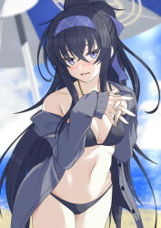 Rule 34 | beach, bikini, black bikini, black hair, blue archive, blue eyes, blue sky, breasts, cardigan, chiraimori tt, cloud, commentary request, crossed bangs, day, grey cardigan, hair between eyes, halo, jewelry, long hair, looking at viewer, medium breasts, necklace, ocean, official alternate costume, open cardigan, open clothes, outdoors, parasol, ponytail, sky, swimsuit, ui (blue archive), ui (swimsuit) (blue archive), umbrella, very long hair, yellow halo