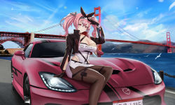 Rule 34 | 1girl, absurdres, alternate costume, azur lane, bird, bow, breasts, bremerton (azur lane), car, checkered bow, checkered clothes, cleavage, cloud, day, dodge (company), dodge viper, gloves, golden gate bridge, highres, incredibly absurdres, kcar66t, large breasts, looking at viewer, miniskirt, motor vehicle, pantyhose, pink hair, pouch, product placement, race queen, real world location, sitting, skirt, sports car, thigh pouch, twintails, vehicle focus