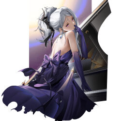 Rule 34 | 1girl, absurdres, bare shoulders, blue archive, closed mouth, dress, earrings, elbow gloves, gloves, grey hair, hand to own mouth, highres, hina (dress) (blue archive), horns, instrument, jewelry, long hair, looking at viewer, najiu jiao xiaolan ba, piano, purple dress, purple eyes, purple gloves, simple background, sitting, solo, white background
