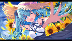 Rule 34 | 1girl, aluppia, blue eyes, blue hair, day, floating hair, flower, foreshortening, hat, hatsune miku, highres, letterboxed, long hair, one eye closed, open mouth, outdoors, outstretched arm, sky, solo, straw hat, sun hat, sunflower, twintails, vocaloid