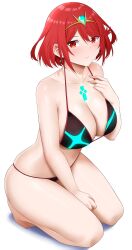 Rule 34 | 1girl, absurdres, arind yudha, bikini, blush, breasts, cleavage, closed mouth, collarbone, earrings, hand on own chest, highres, jewelry, kneeling, large breasts, leaning forward, looking at viewer, medium hair, pyra (xenoblade), red eyes, red hair, simple background, sitting, smile, solo, swimsuit, white background, xenoblade chronicles (series), xenoblade chronicles 2