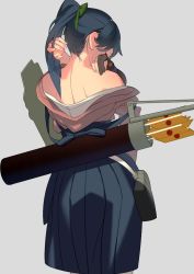 Rule 34 | 10s, 1girl, arrow (projectile), bad id, bad twitter id, bare shoulders, black hair, brown gloves, bthx, fingerless gloves, flight deck, gloves, hair ribbon, houshou (kancolle), japanese clothes, kantai collection, long hair, nape, off shoulder, ponytail, quiver, ribbon, simple background, solo, white legwear