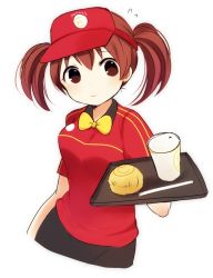 Rule 34 | 1girl, ayu (mog), bow, bowtie, brown eyes, brown hair, closed mouth, commentary, cowboy shot, flying sweatdrops, hataraku maou-sama!, holding, looking at viewer, red shirt, sasaki chiho, shirt, short sleeves, simple background, smile, solo, tray, twintails, visor cap, waitress, white background, yellow bow, yellow bowtie