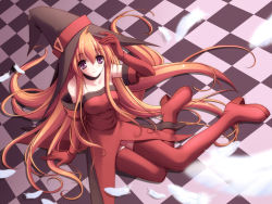 Rule 34 | 1girl, amane sou, blush, boots, cierra (riviera), elbow gloves, feathers, gloves, hat, high heels, long hair, purple eyes, red hair, red thighhighs, riviera, shoes, sitting, smile, solo, thigh boots, thighhighs, very long hair, wallpaper, witch, witch hat