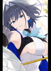 Rule 34 | 1girl, absurdres, black border, blue eyes, blue hair, blue ribbon, border, breasts, chain, chain hairband, dark blue hair, detached sleeves, hair between eyes, hair intakes, highres, hololive, hololive english, large breasts, lendivere, looking at viewer, ouro kronii, ouro kronii (1st costume), parted lips, ribbon, ribbon earrings, short hair, sideboob, signature, smile, solo, twitter username, underboob, upper body, virtual youtuber