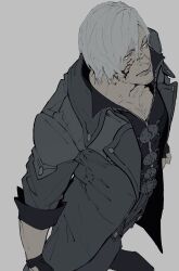 Rule 34 | 1boy, blood, blood on face, blue eyes, coat, dante (devil may cry), devil may cry, devil may cry (series), devil may cry 4, fingerless gloves, gloves, highres, holding, looking at viewer, male focus, moyashi san4, simple background, solo, trench coat, white hair