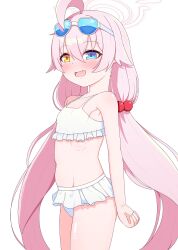 Rule 34 | 1girl, absurdres, antenna hair, bikini, blackness (blackness661), blue archive, blue eyes, halo, highres, hoshino (blue archive), hoshino (swimsuit) (blue archive), looking at viewer, navel, pink hair, pink halo, simple background, solo, swimsuit, thigh gap, white background, white bikini, yellow eyes