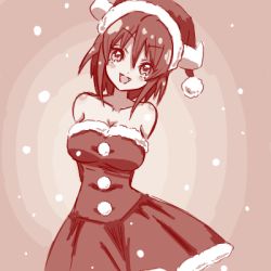 Rule 34 | 1girl, bare shoulders, blush, breasts, christmas, cleavage, cow horns, fang, hat, horns, jashin-chan dropkick, large breasts, looking at viewer, lowres, minos (jashin-chan dropkick), monochrome, open mouth, santa hat, shiny skin, short hair, sketch, smile, snowing, solo, upper body