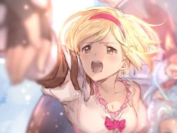 Rule 34 | blonde hair, brown eyes, djeeta (granblue fantasy), gauntlets, granblue fantasy, hairband, holding hands, lyria (granblue fantasy), mire eeeei, open mouth, out of frame, outstretched hand, pink hairband, puffy short sleeves, puffy sleeves, sandalphon (granblue fantasy), short hair, short sleeves, vyrn (granblue fantasy)