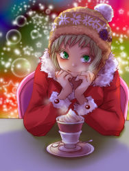 Rule 34 | 10s, 1girl, bad id, bad pixiv id, beanie, blonde hair, blush, coat, cup, dragon kid, green eyes, hat, looking at viewer, pov across table, rduuroorn, santa hat, solo, teacup, tiger &amp; bunny