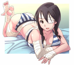 Rule 34 | 00s, 1girl, all fours, ass, bandages, bare shoulders, barefoot, bikini, braid, breast press, breasts, brown eyes, cleavage, collarbone, e20, eyepatch, feet, kobushi abiru, large breasts, looking at viewer, lying, on stomach, sayonara zetsubou sensei, sideboob, soles, solo, striped bikini, striped clothes, swimsuit, toes, twin braids