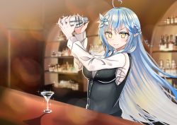 Rule 34 | 1girl, absurdres, ahoge, alternate costume, arms up, bad id, bad twitter id, bar (place), bartender, black vest, blue hair, blurry, blurry background, blush, bottle, braid, breasts, cocktail glass, cocktail shaker, collarbone, commentary request, cup, drinking glass, elf, flower, french braid, glint, hair between eyes, hair flower, hair ornament, half updo, highres, holding shaker, hololive, indoors, long hair, long sleeves, looking at viewer, medium breasts, pointy ears, shelf, shirt, sidelocks, smile, solo, sparkling eyes, tsukito 5555, v-shaped eyebrows, vest, virtual youtuber, white shirt, yellow eyes, yukihana lamy