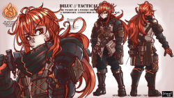 Rule 34 | 1boy, alternate costume, armor, artist name, bag, belt, boots, buckle, character sheet, diluc (genshin impact), genshin impact, gloves, gun, handgun, harness, introvert-kun, long hair, low-tied long hair, over shoulder, pistol, red eyes, red hair, scarf, shoulder armor, snap-fit buckle, tactical clothes, weapon, weapon over shoulder