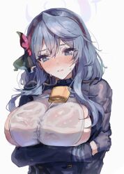 Rule 34 | 1girl, ako (blue archive), arm under breasts, bell, black gloves, blue archive, blue eyes, blue hair, blush, breasts, closed mouth, gloves, hair between eyes, hair ribbon, hairband, halo, highres, inusaka, large breasts, long hair, long sleeves, looking at viewer, neck bell, ribbon, sideboob, simple background, solo, upper body, wet, wet clothes, wet hair