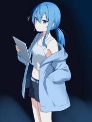 1girl alternate_costume blue_cardigan blue_eyes blue_hair cardigan closed_mouth commentary cowboy_shot dot_mouth felutiahime highres holding holding_paper hololive hood hoodie hoshimachi_suisei long_hair looking_at_viewer midnight_grand_orchestra midriff navel notice_lines paper ponytail shorts solo standing star_(symbol) star_in_eye symbol_in_eye tank_top virtual_youtuber white_tank_top