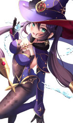 Rule 34 | 1girl, black gloves, black hair, black pantyhose, blush, bodystocking, breasts, earrings, genshin impact, gloves, green eyes, hair ornament, hat, heart, highres, jewelry, leotard, long hair, looking at viewer, medium breasts, mona (genshin impact), pantyhose, purple hair, purple leotard, saki (saki paint), simple background, solo, twintails, white background, witch hat