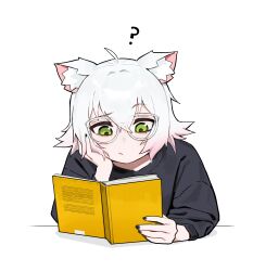 Rule 34 | 1girl, ?, absurdres, ahoge, animal ears, black nails, book, closed mouth, glasses, green eyes, highres, holding, holding book, looking away, open book, original, perl (vertigris), reading, short hair, simple background, solo, vertigris, white-framed eyewear, white background, white hair