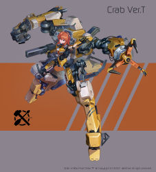 Rule 34 | 1girl, android, armor, caterpillar tracks, claw (weapon), commentary request, exoskeleton, full body, grey background, gun, hair ribbon, highres, holding, holding gun, holding weapon, joints, mecha, mixed-language commentary, orange background, orange hair, original, parted lips, reaching, reaching towards viewer, red eyes, ribbon, robot, robot joints, science fiction, solo, two-tone background, ushas, weapon