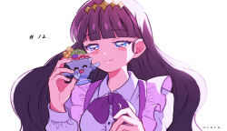 Rule 34 | 1girl, blue bow, blue eyes, blunt bangs, blush, bow, crying, cup, delicious party precure, hair ornament, holding, holding cup, kasai amane, kiocotton, precure, purple hair, smile, solo, star (symbol), star hair ornament, teacup