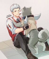 Rule 34 | 1boy, animal, bandaid, bandaid on face, bandaid on forehead, black gloves, black pants, black ribbon, brown footwear, collared shirt, commentary, dog, english commentary, fingerless gloves, gloves, grey fur, grey hair, highres, knees up, koromaru (persona), looking at another, male focus, neck ribbon, one eye closed, pants, parted lips, persona, persona 3, red sweater vest, ribbon, sanada akihiko, shirt, short hair, sitting, sleeves rolled up, smile, soc nau, sweater vest, tongue, tongue out, twitter username, white shirt, white wings, wings