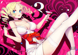 Rule 34 | 1girl, artist name, blonde hair, blue eyes, blush, bow, breasts, breasts apart, catherine, catherine (game), choker, cleavage, collarbone, commentary, cup, drill hair, drinking glass, english text, glass, highres, hong (white spider), lace, lace-trimmed legwear, lace trim, large breasts, lips, long hair, looking at viewer, open mouth, parted bangs, skirt, smile, solo, teeth, thighhighs, twin drills, twintails, waist bow, white choker, white skirt, white thighhighs, wine glass, zettai ryouiki
