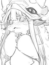 Rule 34 | 1other, blunt bangs, blush, catchphrase, ears through headwear, furry, greyscale, hands up, horns, jin (mugenjin), long hair, looking at viewer, made in abyss, monochrome, nanachi (made in abyss), nose blush, pants, parted lips, solo, standing, topless, upper body, whiskers