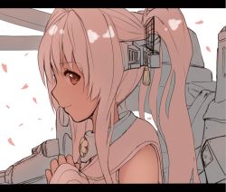 Rule 34 | 10s, 1girl, dyson (edaokunnsaikouya), headgear, kantai collection, letterboxed, long hair, machinery, monochrome, petals, pink hair, profile, red eyes, simple background, smile, solo, upper body, yamato (kancolle)