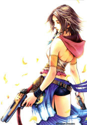 Rule 34 | 00s, 1girl, armband, back, bare back, black shorts, dual wielding, closed eyes, final fantasy, final fantasy x, final fantasy x-2, gun, holding, nomura tetsuya, official art, shorts, solo, watermark, weapon, white background, yuna, yuna (ff10)