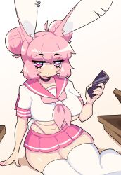 Rule 34 | 1girl, absurdres, animal ear piercing, animal ears, black choker, black outline, blunt bangs, blush stickers, breasts, bright pupils, cellphone, choker, closed mouth, commentary, daigada, double bun, english commentary, expressionless, gradient background, hair bun, hand on floor, highres, holding, holding phone, large breasts, looking at viewer, navel, neckerchief, ninnin (daigada), original, outline, phone, piercing, pink hair, pink nails, pink neckerchief, pink sailor collar, pink skirt, pleated skirt, purple eyes, rabbit ears, rabbit girl, rabbit tail, sailor collar, school uniform, serafuku, sidelocks, sitting, skirt, smartphone, solo, tail, thick thighs, thighhighs, thighs, underboob, white background, white pupils, white serafuku, white thighhighs