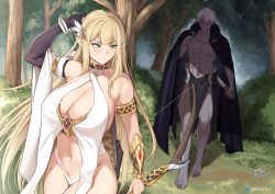 Rule 34 | 1boy, 1girl, abs, absurdres, arrow (projectile), bare shoulders, barefoot, black cape, black sclera, blonde hair, bow (weapon), breasts, bush, cape, cleavage, colored sclera, dagger, dress, elbow gloves, elf, forest, gloves, hair ornament, highres, holding, holding dagger, holding knife, holding weapon, imminent rape, knife, large breasts, long hair, maskwolf, muscular, muscular male, nature, navel, original, pectorals, pelvic curtain, pointy ears, quiver, red eyes, short hair, single glove, thighs, tree, very long hair, weapon, white dress, white hair