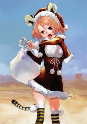 Rule 34 | 1girl, :o, absurdres, animal ears, blue eyes, blue sky, breasts, capelet, day, desert, dress, hat, highres, looking at viewer, okazaki takeshi, open mouth, orange hair, red dress, sack, santa hat, scan, short twintails, sky, small breasts, solo, standing, striped clothes, striped thighhighs, tail, thighhighs, tiger ears, tiger tail, twintails
