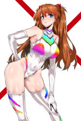 Rule 34 | 1girl, absurdres, adapted costume, bare shoulders, blue eyes, breasts, brown hair, cameltoe, curvy, evangelion: 3.0+1.0 thrice upon a time, female focus, gggg, gloves, hair between eyes, hand on own hip, highleg, highleg leotard, highres, large breasts, legs, leotard, long hair, looking at viewer, neon genesis evangelion, plugsuit, rebuild of evangelion, shiny clothes, shiny skin, simple background, skin tight, smile, solo, souryuu asuka langley, thighs, thong leotard, turtleneck, twintails, upper body, white background, white leotard