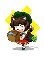 Rule 34 | 1girl, ;), ;d, animal ears, bad id, bad pixiv id, bag, box, brown hair, cat ears, chen, commentary request, dress, green hat, hat, kingguyver, long sleeves, multiple tails, nekomata, one eye closed, open mouth, red dress, short hair, simple background, smile, solo, tail, touhou, two tails, white background