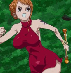 Rule 34 | 1girl, animated, animated gif, bare arms, bare shoulders, bouncing breasts, breasts, brown eyes, curvy, female focus, forest, holding, holding weapon, huge breasts, jiggle, nami (one piece), nature, one piece, open mouth, orange hair, running, solo, staff, talking, tattoo, teeth, tongue, weapon