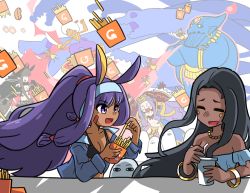 Rule 34 | 4girls, black hair, bracelet, breath weapon, breathing fire, carpet, cup, dark-skinned female, dark skin, disposable cup, drinking straw, facial mark, fate/grand order, fate (series), fire, food, french fries, genie, ghost, highres, hot dog, jewelry, long hair, marlowe, medjed (fate), multiple girls, necklace, nitocris (fate), purple eyes, scheherazade (fate), scimitar, semiramis (fate), summoning, sword, very long hair, weapon, wu zetian (fate)