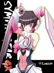 Rule 34 | 1girl, black hair, breasts, check commentary, closed mouth, commentary request, gloves, link (aa30), long hair, looking at viewer, purple eyes, senki zesshou symphogear, skirt, solo, tsukuyomi shirabe, twintails