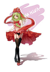 Rule 34 | 1girl, absurdres, adapted costume, aer (tengqiu), bare shoulders, black panties, black thighhighs, blush, bow, crossed legs, elbow gloves, front ponytail, garter straps, gloves, green eyes, green hair, hair bow, hair ribbon, high heels, highres, kagiyama hina, lace, lace-trimmed legwear, lace-trimmed panties, lace trim, long hair, looking at viewer, matching hair/eyes, midriff, navel, panties, ribbon, simple background, smile, solo, thighhighs, touhou, underwear, watson cross, white background, white gloves