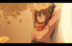 Rule 34 | 1girl, arms behind head, arms up, bitr x, brown eyes, brown hair, falling leaves, feng ling&#039;er, fengling yuxiu, ginkgo tree, hair between eyes, hair ribbon, highres, japanese clothes, kimono, leaf, long hair, looking at viewer, mouth hold, one eye closed, ponytail, red eyes, red scarf, ribbon, scarf, solo, upper body