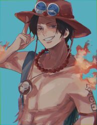 Rule 34 | 1boy, black hair, blue background, chest tattoo, commentary, elbow pads, english commentary, fire, freckles, highres, jewelry, looking at viewer, machida 0906, male focus, necklace, one piece, orange headwear, portgas d. ace, simple background, smile, solo, tattoo, topless male