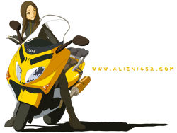 Rule 34 | 1girl, alien1452, brown eyes, brown hair, motor vehicle, motorcycle, solo, vehicle
