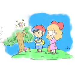 Rule 34 | 1boy, 1girl, backpack, bag, black eyes, black hair, blonde hair, blue eyes, blue sky, bow, bug, butterfly, dress, flower, grass, insect, mother (game), mother 2, ness (mother 2), nintendo, paula (mother 2), pink dress, red bow, red footwear, red headwear, shirt, shorts, sky, striped clothes, striped shirt, takeuchi kou, tree